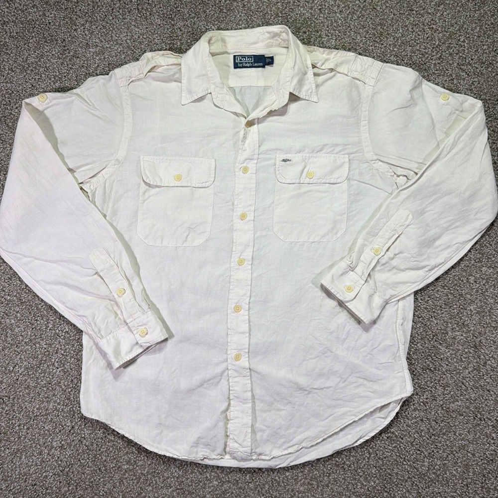 Vintage Polo Ralph Lauren Large Silk Linen Button Up 90s Ivory Distressed